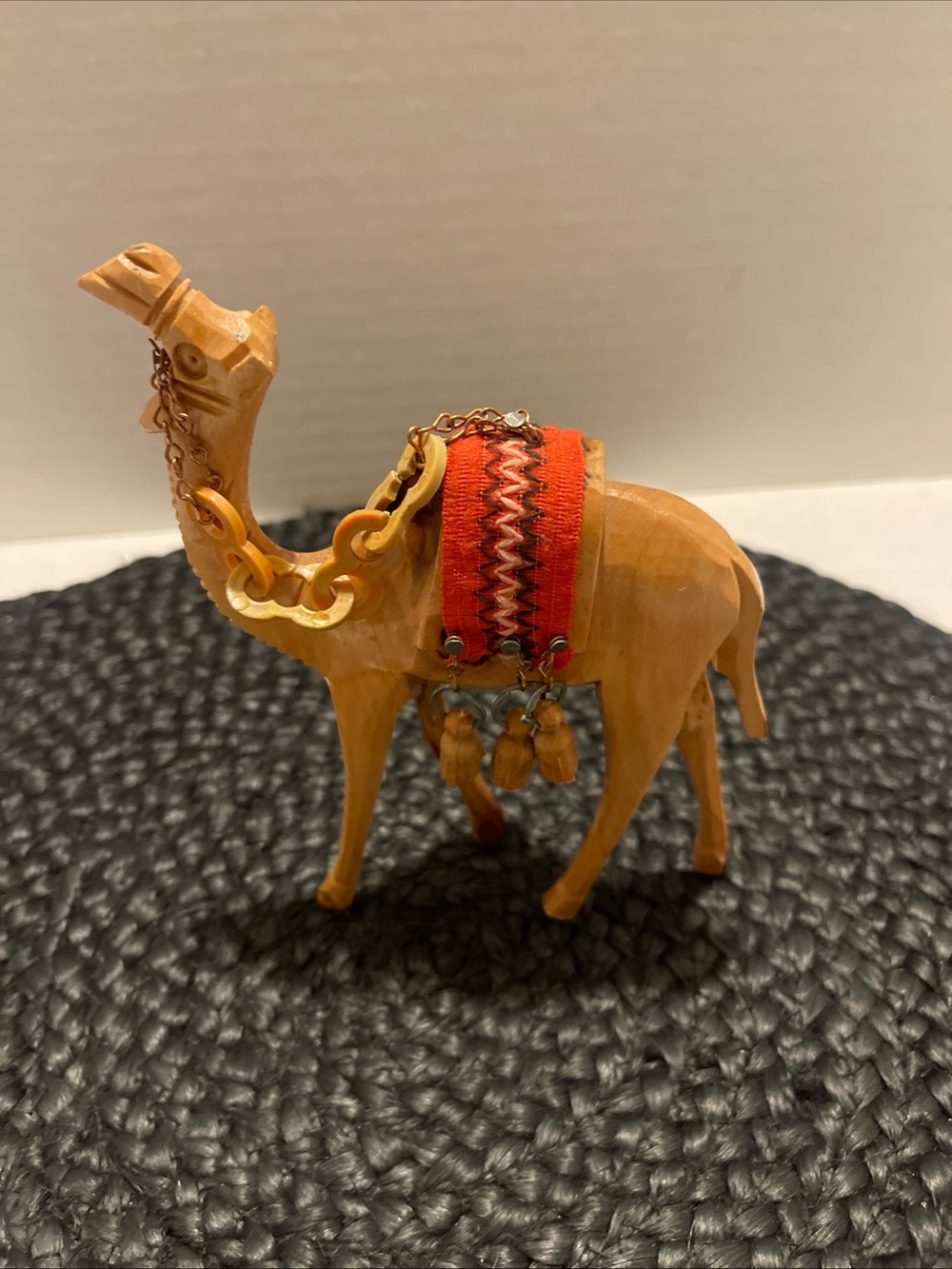 Vintage Handcrafted olive Wood Camel Figurine with Red Saddle Accent 6” tall